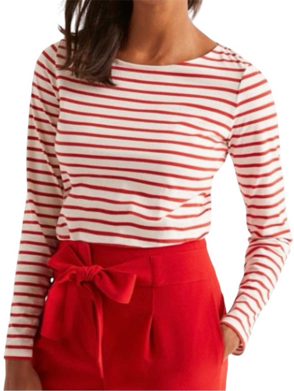 NWT Boden Women's Breton Striped Top Long Sleeve Red White Mint Trim Size 10